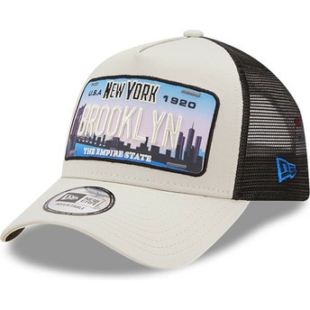 New Era New York Brooklyn A Frame License Plate Beige and Black Trucker Hat