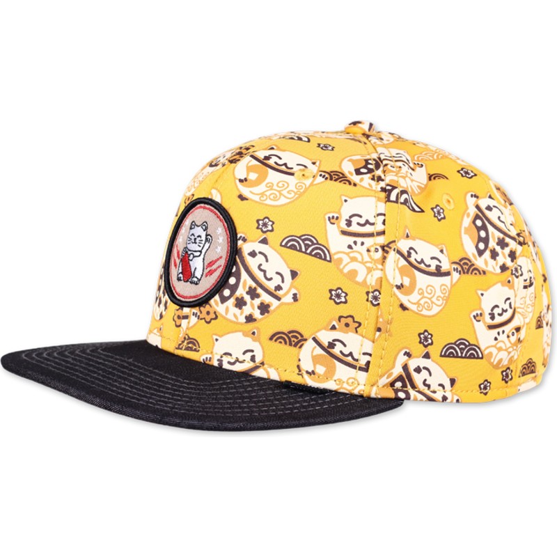 djinns-flat-brim-lucky-cat-linen-yellow-and-black-snapback-cap