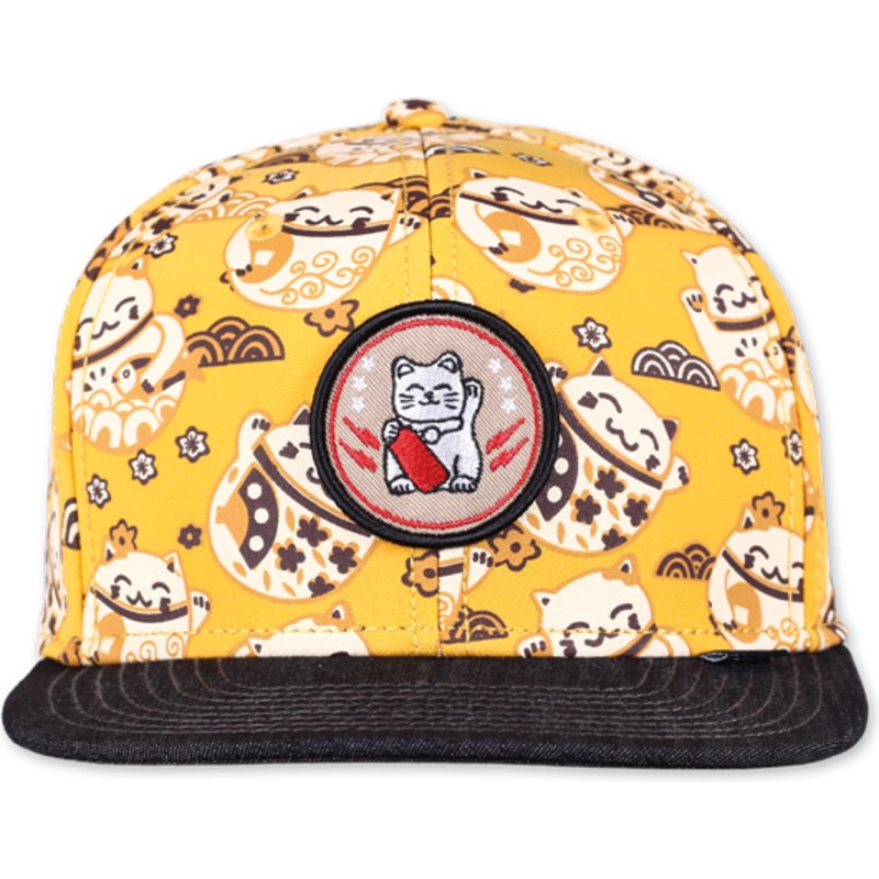 djinns-flat-brim-lucky-cat-linen-yellow-and-black-snapback-cap