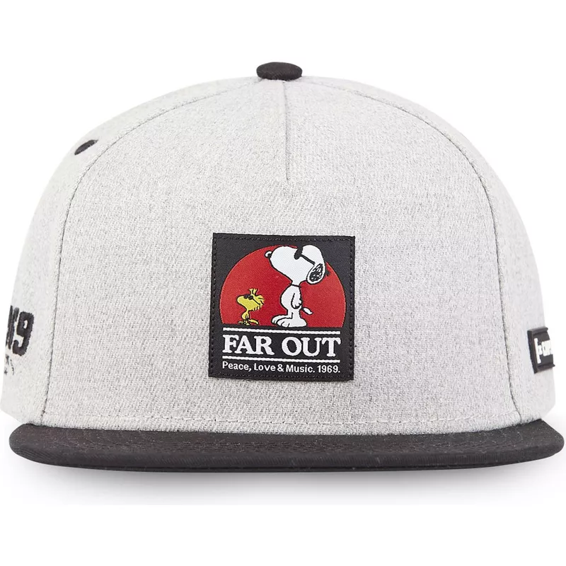 capslab-flat-brim-snoopy-far-out-naw3-peanuts-grey-and-black-snapback-cap