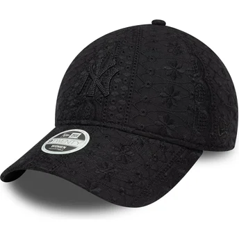New Era Curved Brim Women Black Logo 9TWENTY Broderie New York Yankees MLB Black Adjustable Cap