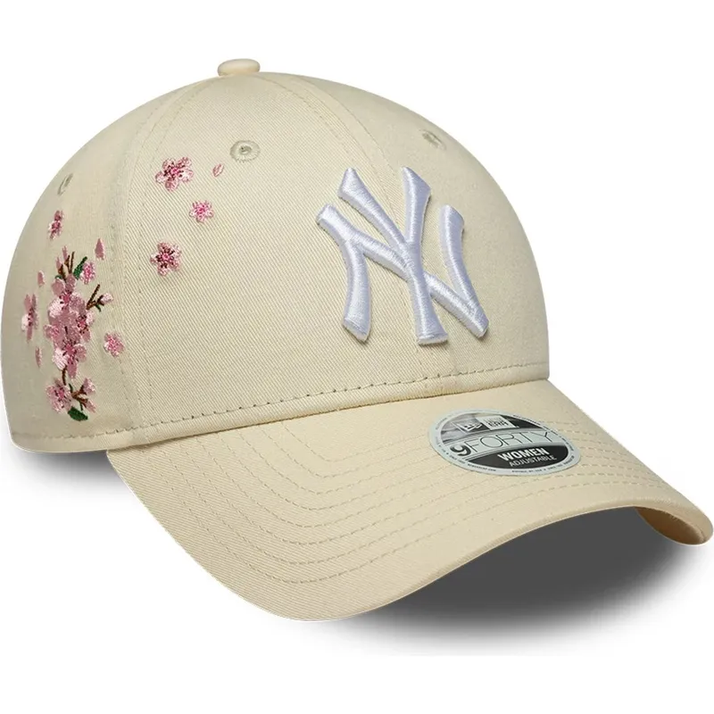 new-era-curved-brim-women-9forty-floral-icon-side-new-york-yankees-mlb-beige-adjustable-cap