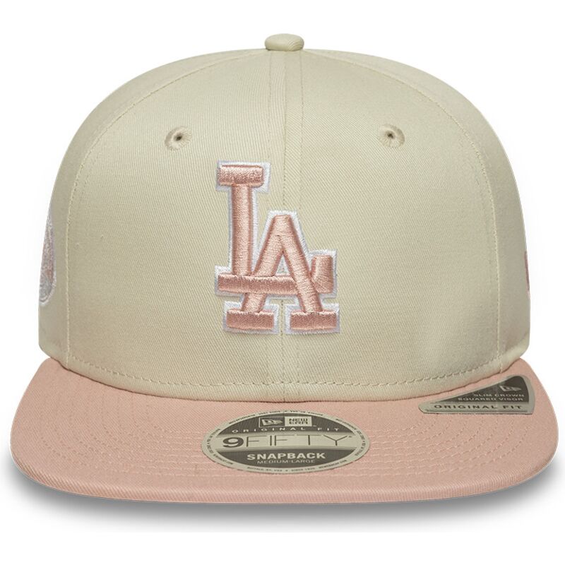 new-era-flat-brim-pink-logo-9fifty-original-fit-world-series-patch-los-angeles-dodgers-mlb-beige-snapback-cap
