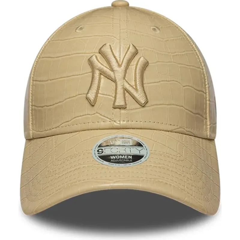 new-era-curved-brim-women-9forty-pu-pattern-new-york-yankees-mlb-beige-adjustable-cap-with-beige-logo