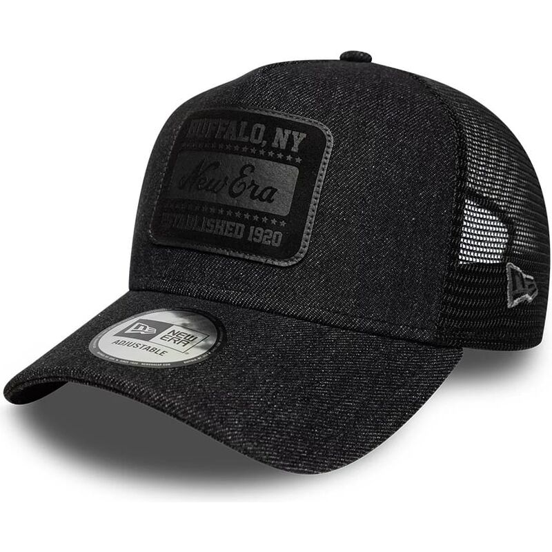 new-era-black-logo-a-frame-patch-denim-black-trucker-hat new-era-black-logo-a-frame-patch-denim-black-trucker-hat