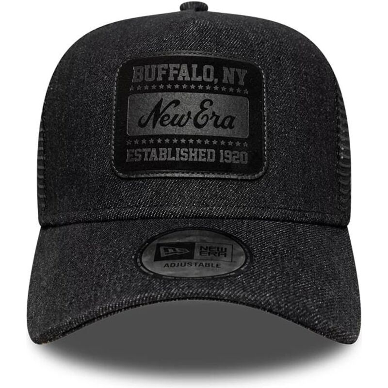 new-era-black-logo-a-frame-patch-denim-black-trucker-hat new-era-black-logo-a-frame-patch-denim-black-trucker-hat