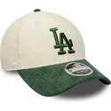new-era-curved-brim-green-logo-9forty-m-crown-cord-los-angeles-dodgers-mlb-beige-and-green-snapback-cap