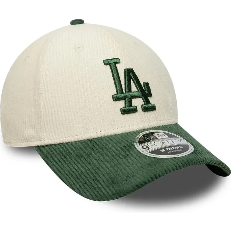 new-era-curved-brim-green-logo-9forty-m-crown-cord-los-angeles-dodgers-mlb-beige-and-green-snapback-cap