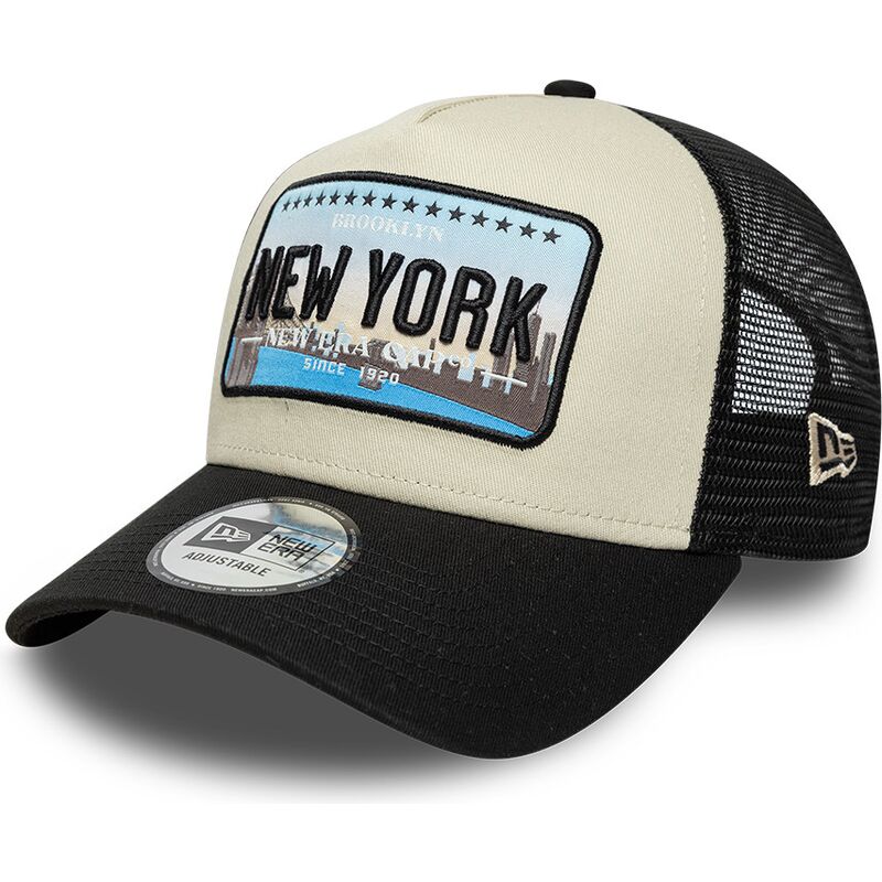 new-era-a-frame-license-plate-new-york-black-and-beige-trucker-hat new-era-a-frame-license-plate-new-york-black-and-beige-trucker-hat