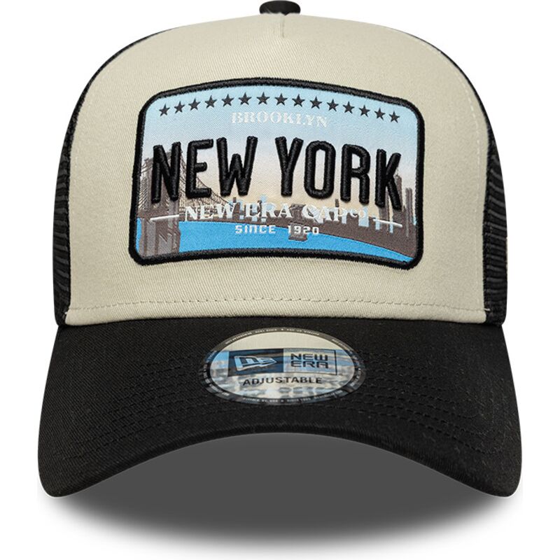new-era-a-frame-license-plate-new-york-black-and-beige-trucker-hat new-era-a-frame-license-plate-new-york-black-and-beige-trucker-hat