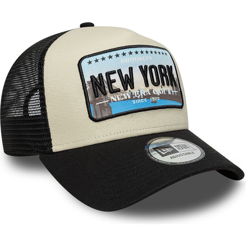 new-era-a-frame-license-plate-new-york-black-and-beige-trucker-hat new-era-a-frame-license-plate-new-york-black-and-beige-trucker-hat