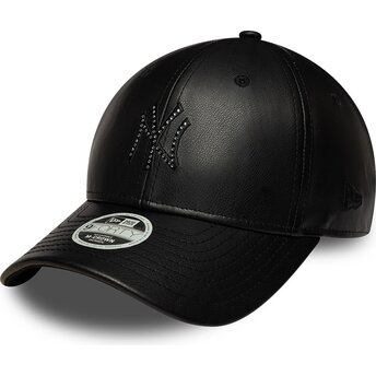 New Era Curved Brim Women Black Logo 9FORTY M-Crown PU Diamante New York Yankees MLB Black Snapback Cap