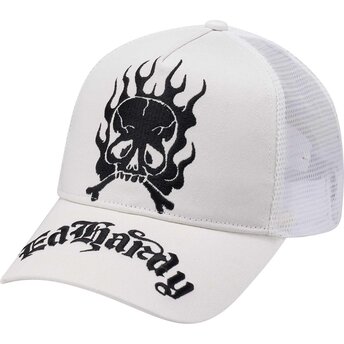 Ed Hardy Gothic Skull In Flames White Trucker Hat