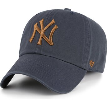 47 Brand Curved Brim Brown Logo Clean Up Contrast Vintage Navy New York Yankees MLB Grey Adjustable Cap