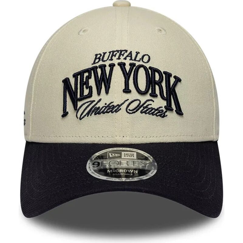 new-era-curved-brim-9forty-m-crown-wordmark-buffalo-new-york-beige-and-navy-blue-adjustable-cap new-era-curved-brim-9forty-m-crown-wordmark-buffalo-new-york-beige-and-navy-blue-adjustable-cap