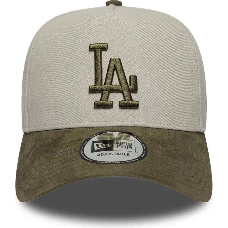 new-era-curved-brim-green-logo-e-frame-suede-visor-los-angeles-dodgers-mlb-green-and-beige-snapback-cap