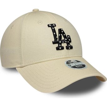 New Era Curved Brim Women Black Logo 9FORTY Infill Los Angeles Dodgers MLB Beige Adjustable Cap