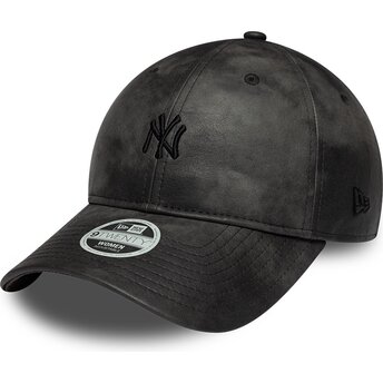 New Era Curved Brim Women Black Logo 9TWENTY Washed PU New York Yankees MLB Black Adjustable Cap