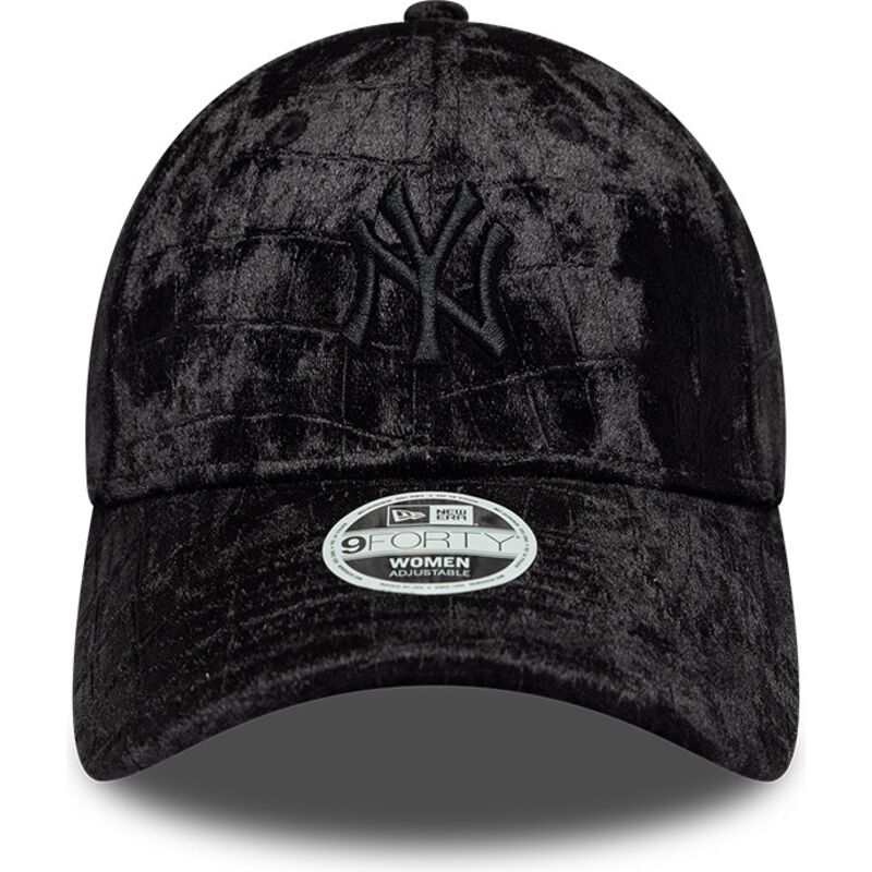 new-era-curved-brim-women-black-logo-9forty-pattern-velour-new-york-yankees-mlb-black-adjustable-cap