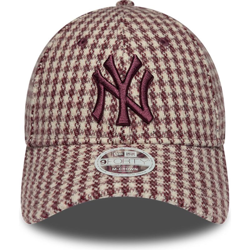 new-era-curved-brim-women-maroon-logo-9forty-m-crown-houndstooth-new-york-yankees-mlb-maroon-and-beige-adjustable-cap