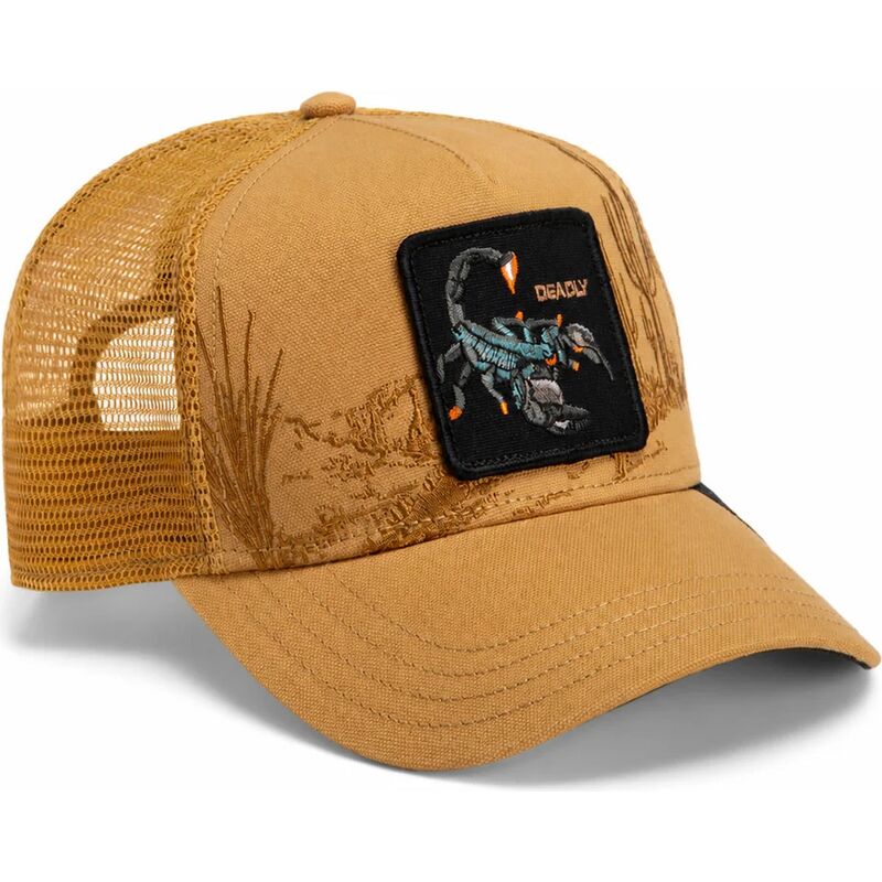 goorin-bros-scorpion-scorpion-badlands-deadly-the-farm-brown-trucker-hat goorin-bros-scorpion-scorpion-badlands-deadly-the-farm-brown-trucker-hat