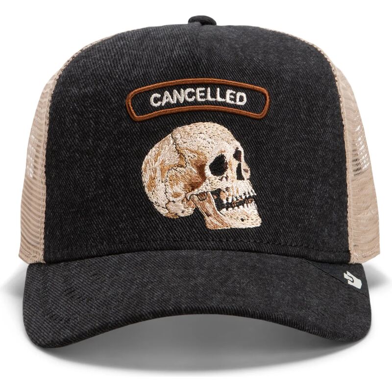 goorin-bros-skull-cancelled-rocker-denim-after-dark-the-farm-black-and-beige-trucker-hat goorin-bros-skull-cancelled-rocker-denim-after-dark-the-farm-black-and-beige-trucker-hat