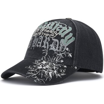 Ed Hardy Curved Brim Distressed Floral Gothic Black Adjustable Cap